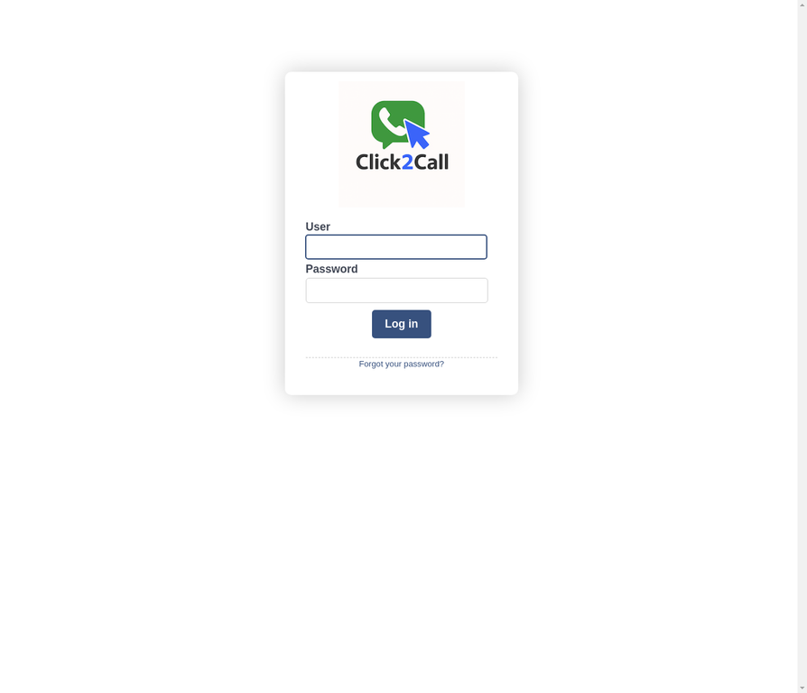 Click2Call portal login screen showing email and password fields