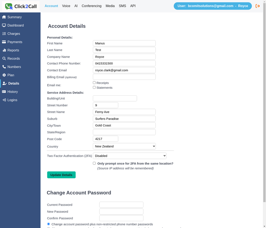 Account Details page showing personal details, service address, and 2FA settings