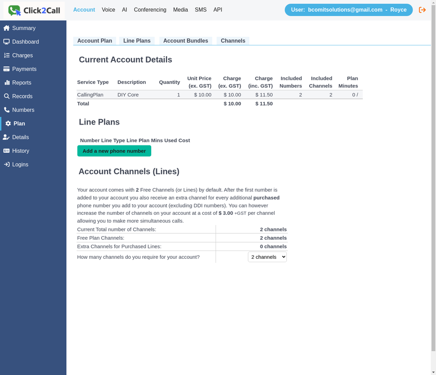 Account Plan page showing current plan, line plans, and channel settings