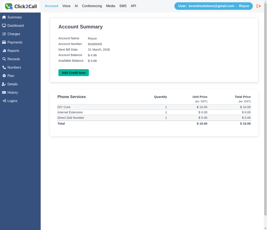 Account Summary page showing account balance and Phone Services breakdown