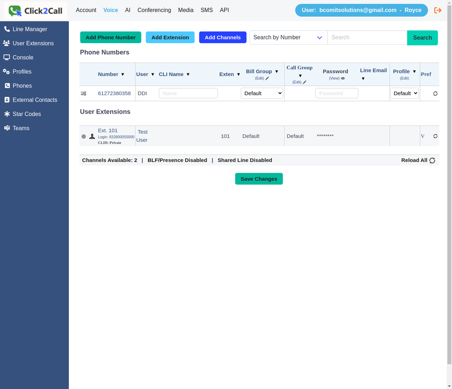 Voice Numbers page showing the newly added phone number 61272380358 in the Phone Numbers list