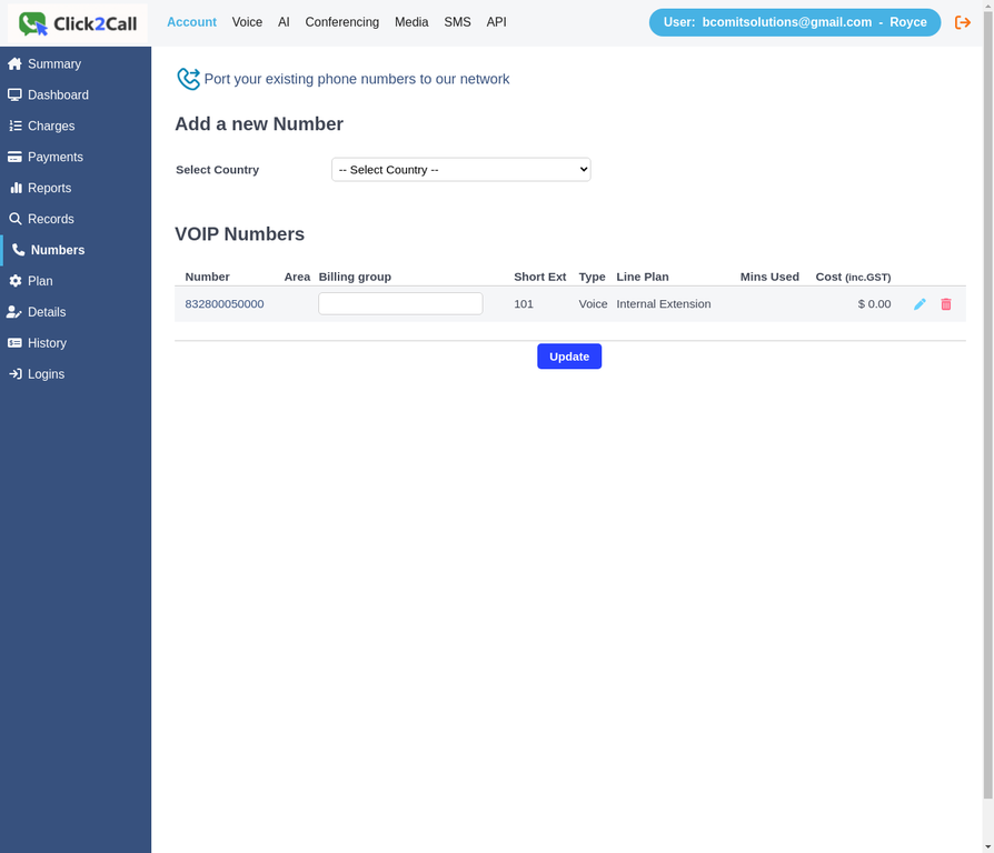 Account Numbers page showing Add a new Number form