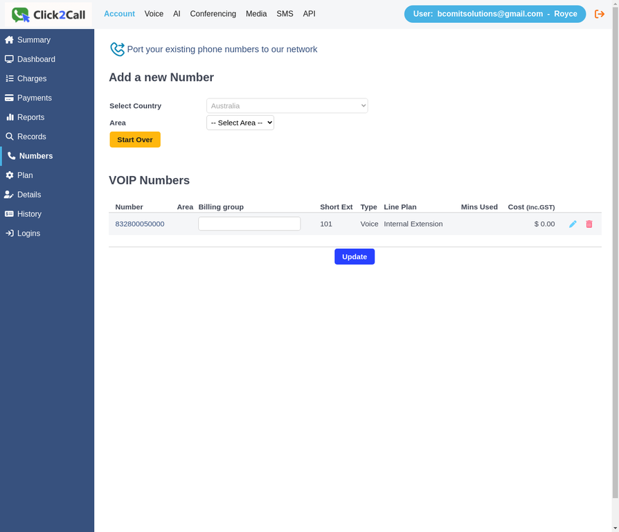 Australia selected in the country dropdown with Area dropdown visible