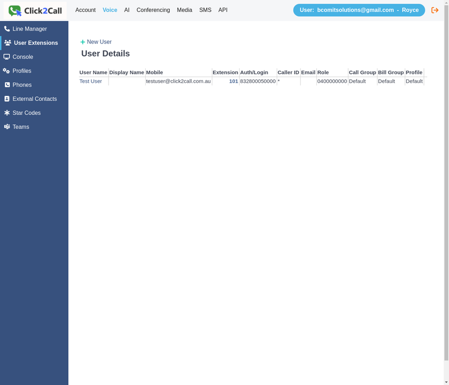 User Details page showing existing extensions and New User option