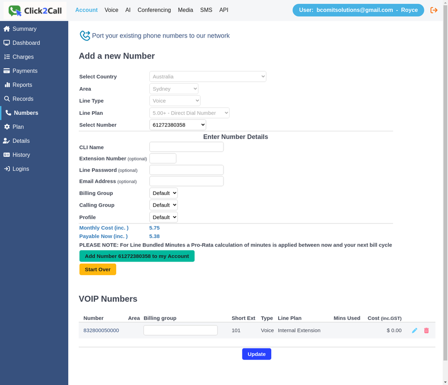 Form ready to submit with Add Number button visible and monthly cost shown