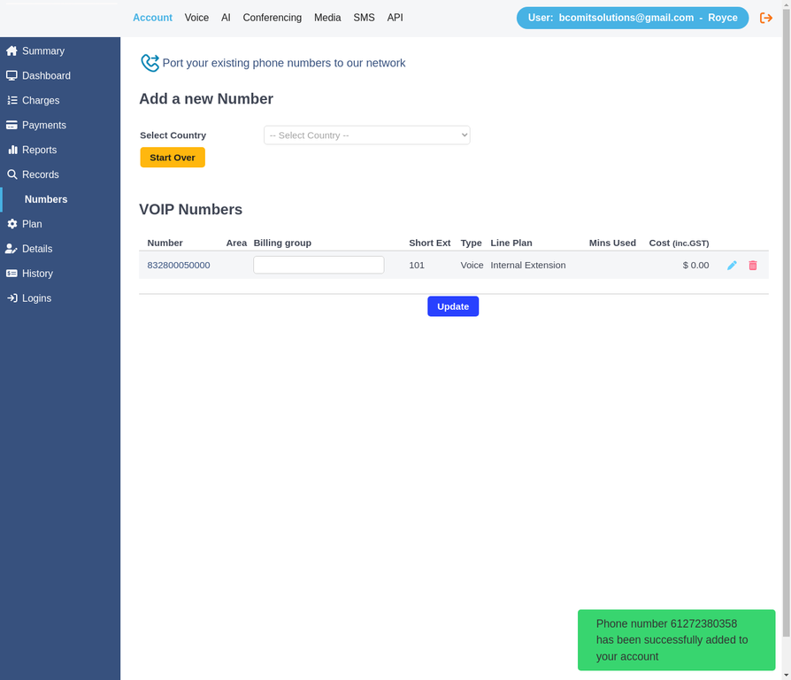 Green success toast notification confirming the number was added