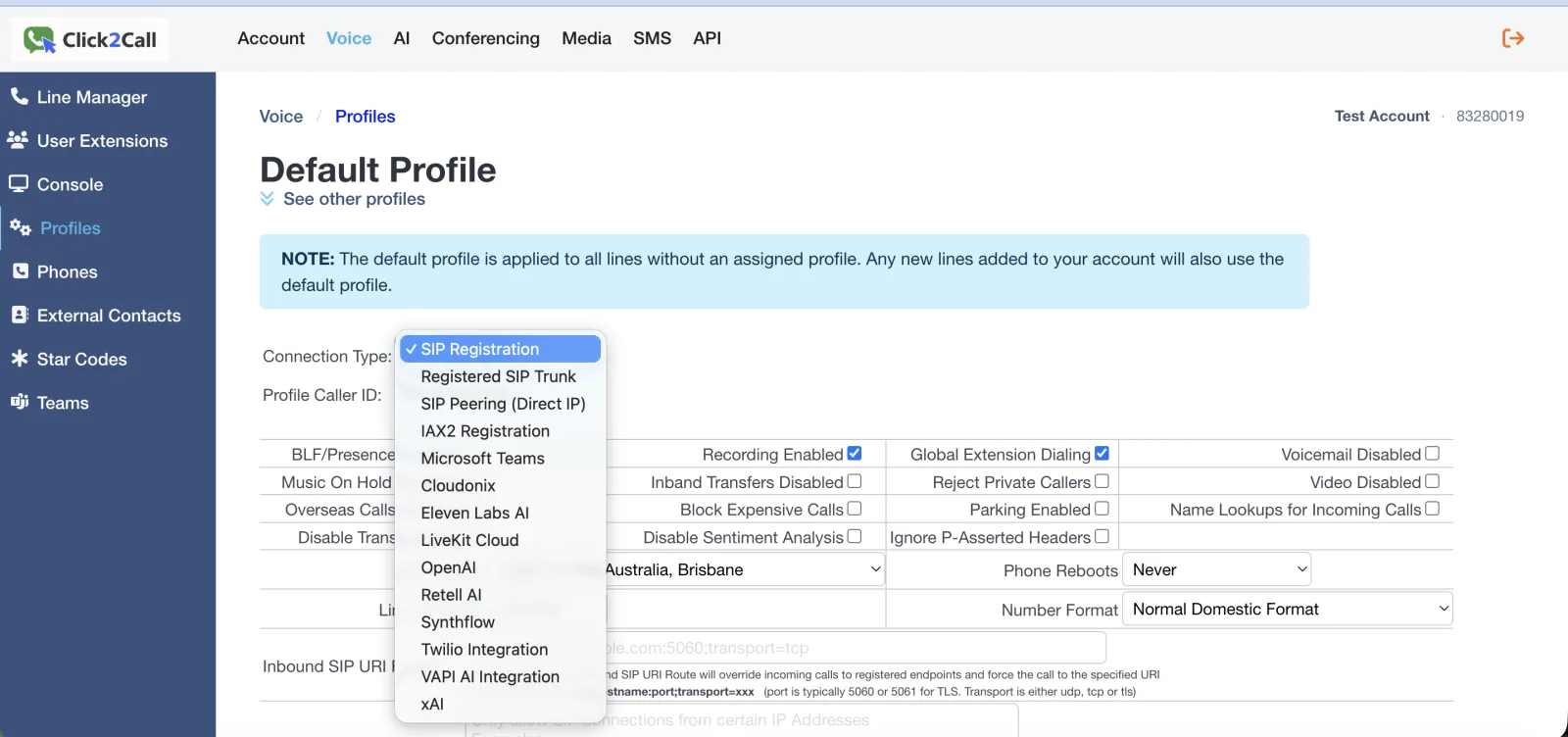 The Connection Type dropdown in the Click2Call profile settings, listing SIP Registration, Registered SIP Trunk, SIP Peering, IAX2 Registration, Microsoft Teams, Cloudonix, Eleven Labs AI, LiveKit Cloud, OpenAI, Retell AI, Synthflow, Twilio Integration, VAPI AI Integration and xAI.