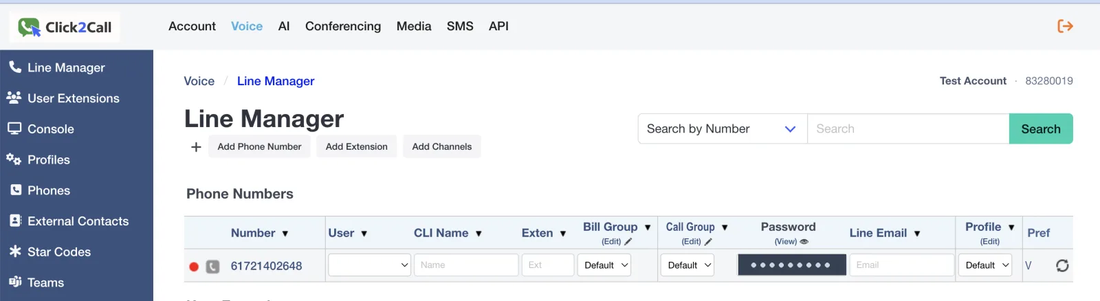 The Click2Call Line Manager screen showing the phone number, Profile and Password columns, with a View control that reveals the SIP password. The password value is masked in this example.