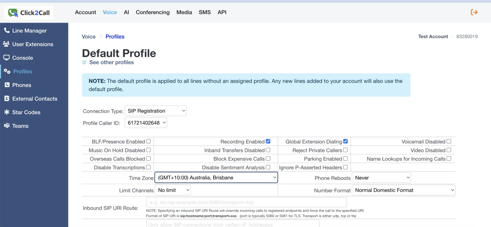 Click2Call Default Profile settings showing Connection Type set to SIP Registration, the feature checkboxes including Recording Enabled, the Time Zone selector set to GMT+10:00 Australia Brisbane, and the Inbound SIP URI Route field.