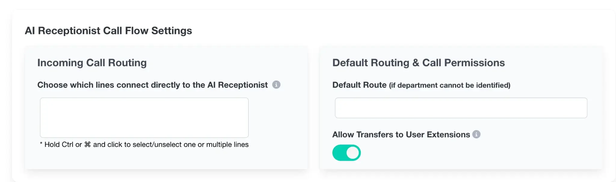 AI Receptionist call flow settings