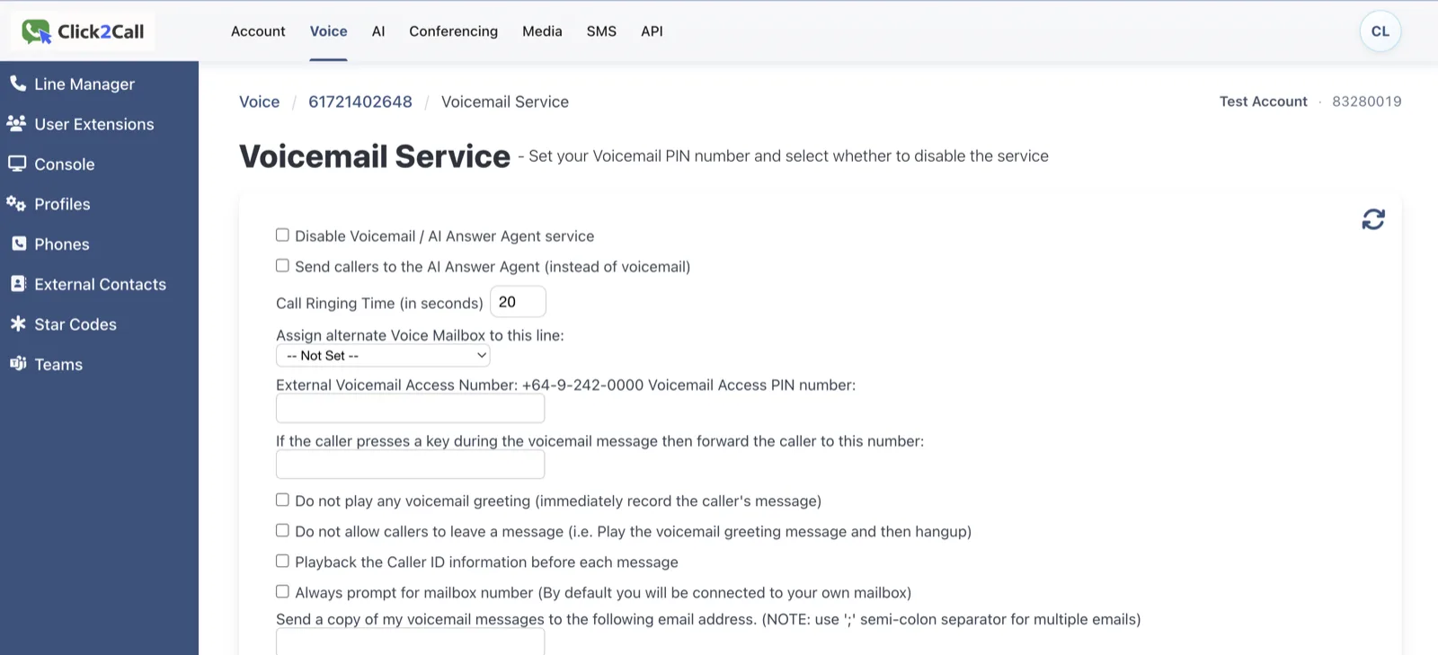 The Voicemail Service page showing Call Ringing Time and the Send callers to the AI Answer Agent option.