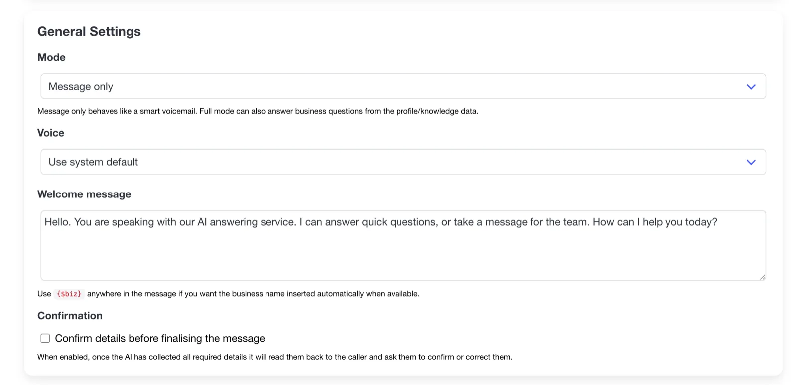 Answer Agent General Settings: Mode, Voice, Welcome message and the Confirmation checkbox.