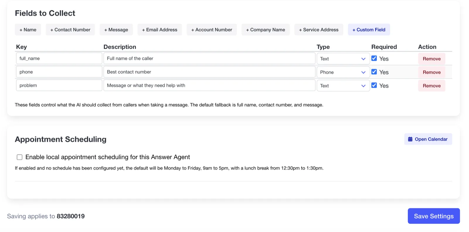 Fields to Collect table with full name, best contact number and message rows, and the Save Settings button.
