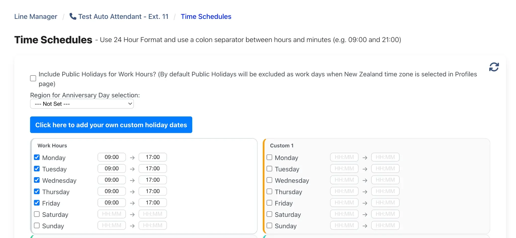 Time Schedules configuration panel showing Work Hours and Custom schedules.