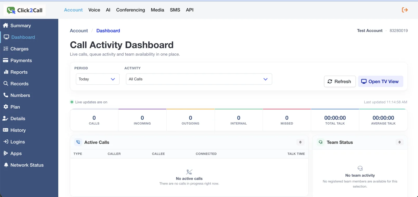 The Click2Call Call Activity Dashboard showing period and activity filters, live counters for calls, incoming, outgoing, internal and missed calls with total and average talk time, an active calls table, and a team status panel.