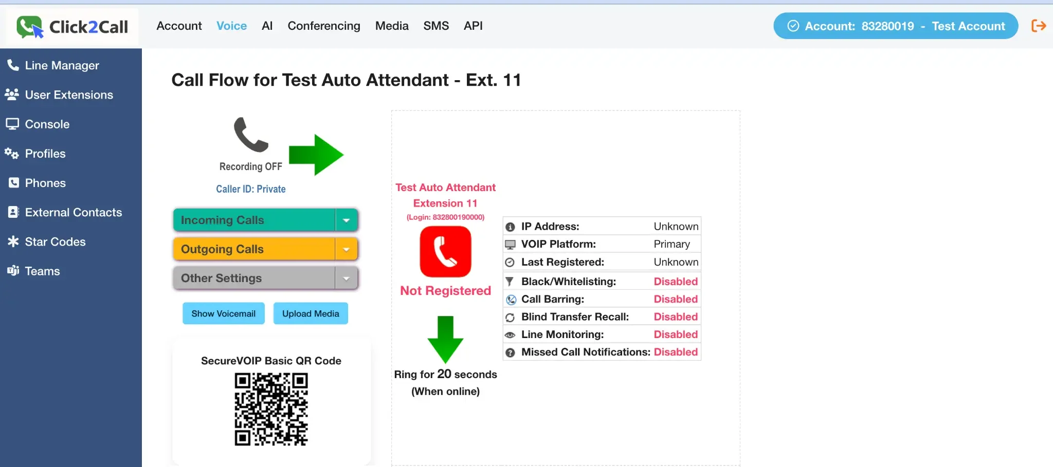 Navigating to the Voice tab and selecting an extension.
