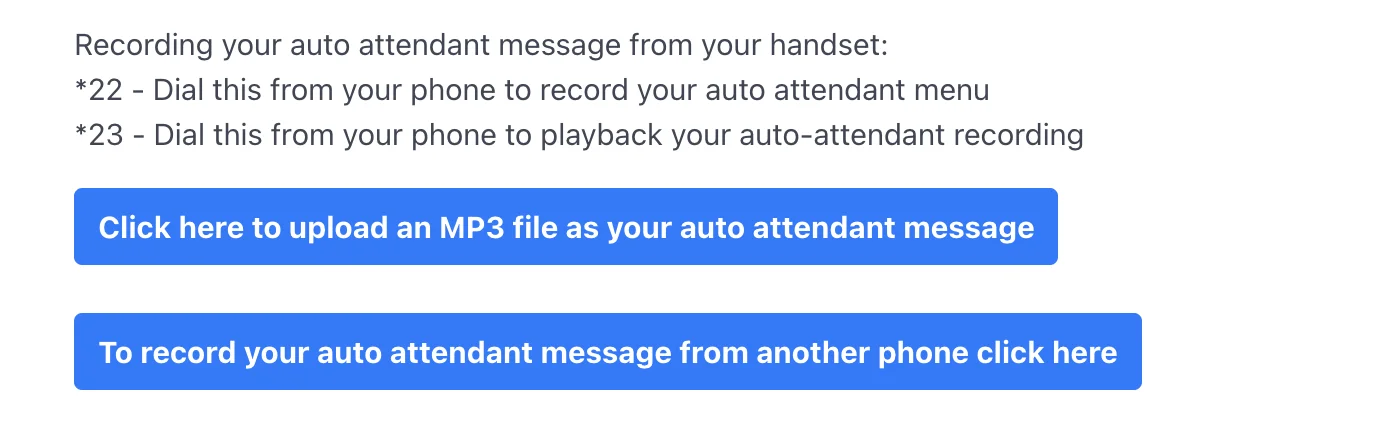 Options for recording or uploading an Auto Attendant greeting.