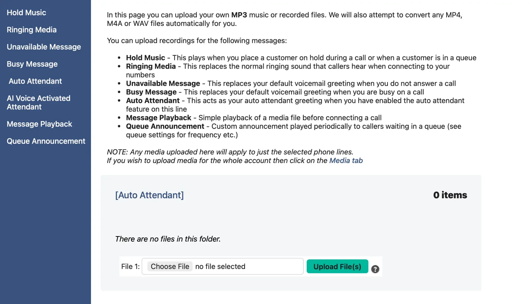 Uploading an audio file in the Media / Auto Attendant folder.