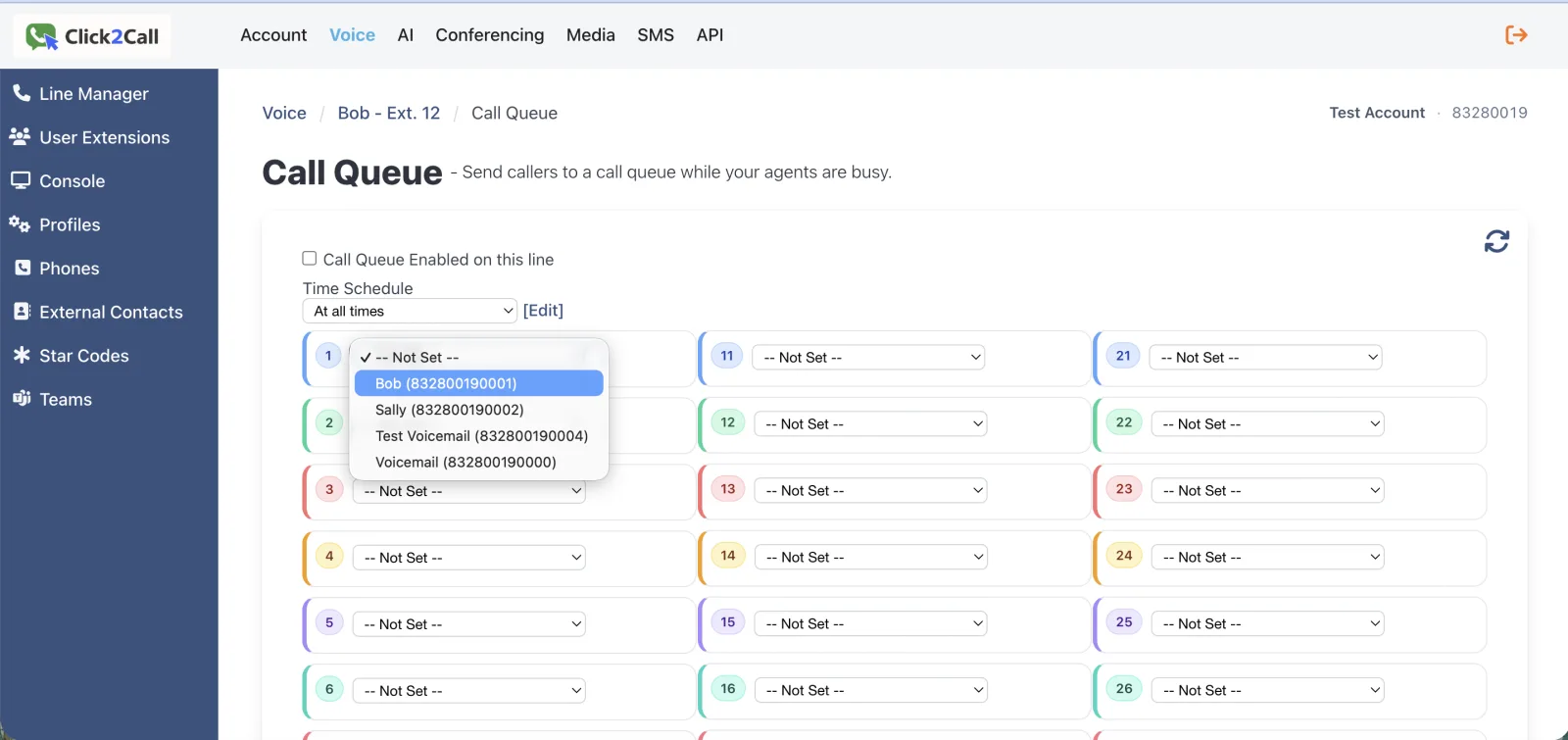The Click2Call Call Queue screen with the Call Queue Enabled tickbox, the Time Schedule selector, and the numbered agent slots. The dropdown on slot 1 is open, listing the extensions available to add as agents alongside voicemail destinations.