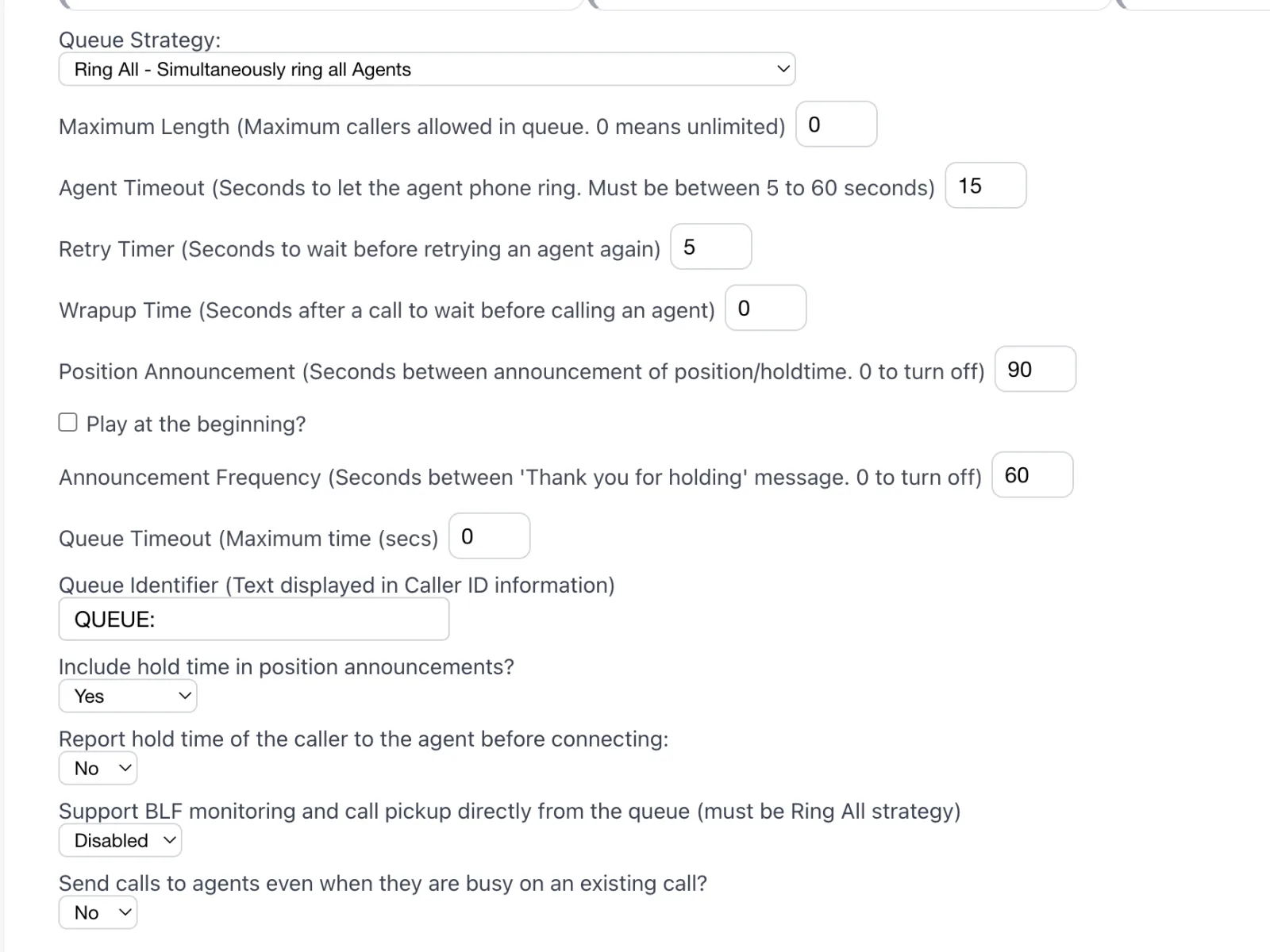 The Click2Call call queue settings screen showing Queue Strategy set to Ring All, Maximum Length, Agent Timeout, Retry Timer, Wrapup Time, Position Announcement, Announcement Frequency, Queue Timeout and the Queue Identifier field.