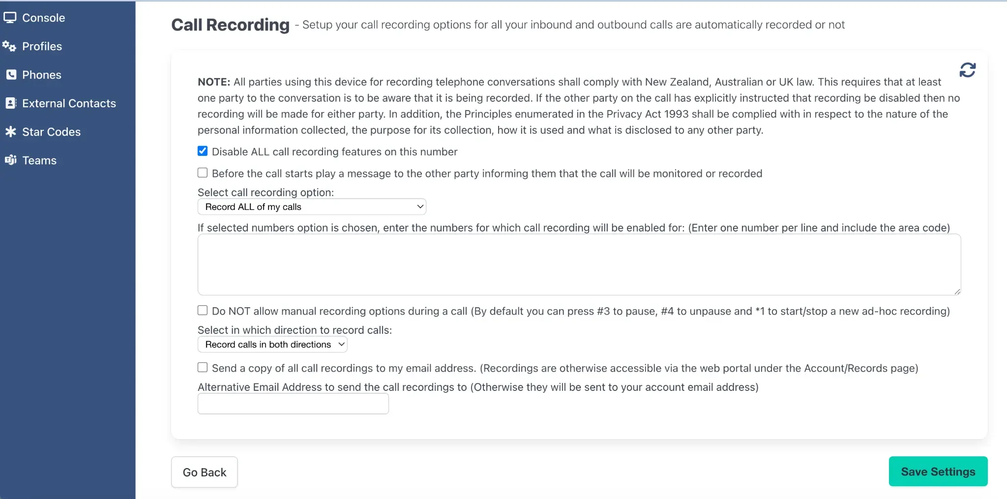 Call Recording configuration panel.