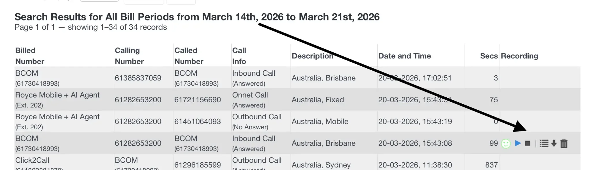 Call records list with recording icons highlighted.