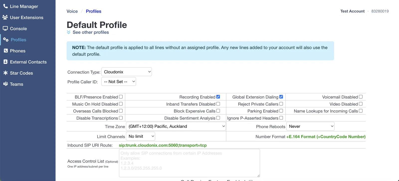 The Click2Call profile settings with Connection Type set to Cloudonix, showing the pre-configured Inbound SIP URI Route sip:trunk.cloudonix.com:5060;transport=tcp and the optional Access Control List field.