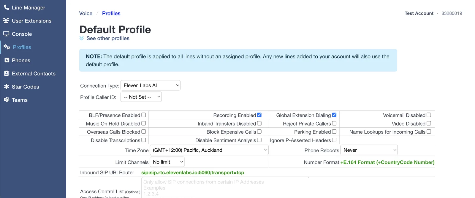 The Click2Call profile settings with Connection Type set to Eleven Labs AI, showing the pre-configured Inbound SIP URI Route sip:sip.rtc.elevenlabs.io:5060;transport=tcp.