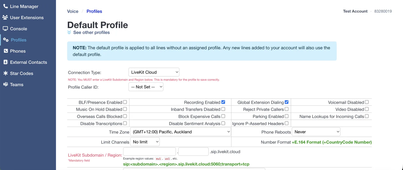 The Click2Call profile settings with Connection Type set to LiveKit Cloud, showing the two mandatory LiveKit Subdomain and Region fields and the resulting route sip:subdomain.region.sip.livekit.cloud:5060;transport=tcp.