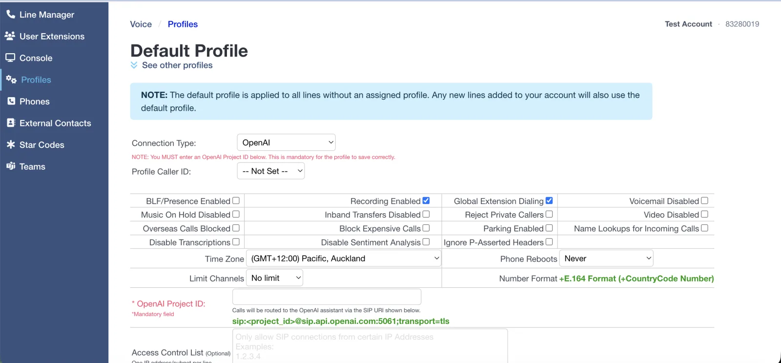 The Click2Call profile settings with Connection Type set to OpenAI, showing the mandatory OpenAI Project ID field and the SIP URI that Click2Call builds from it: sip:project_id@sip.api.openai.com:5061;transport=tls.