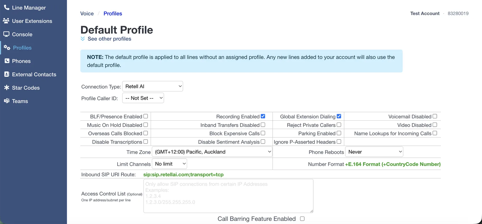 The Click2Call profile settings with Connection Type set to Retell AI, showing the pre-configured Inbound SIP URI Route sip:sip.retellai.com;transport=tcp.