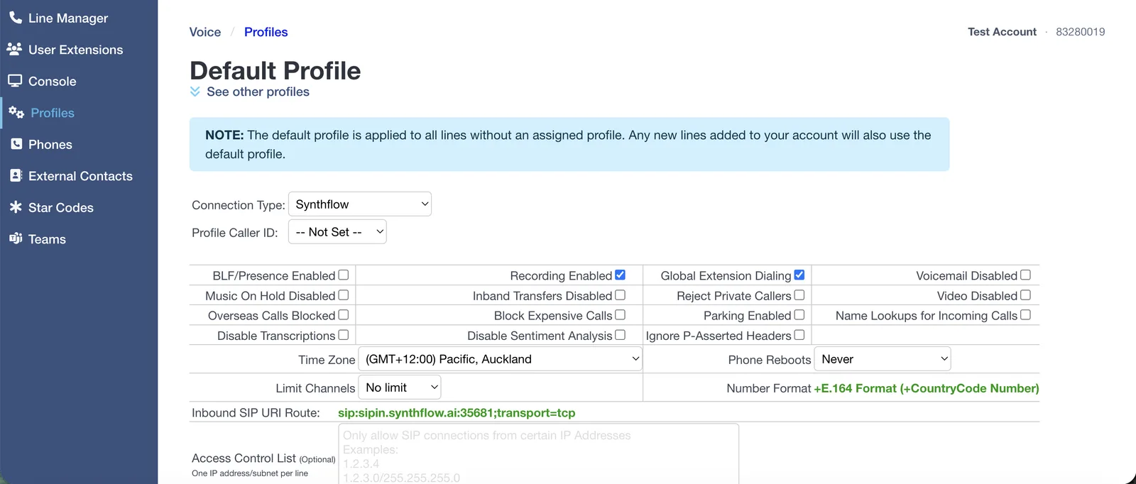 The Click2Call profile settings with Connection Type set to Synthflow, showing the pre-configured Inbound SIP URI Route sip:sipin.synthflow.ai:35681;transport=tcp.