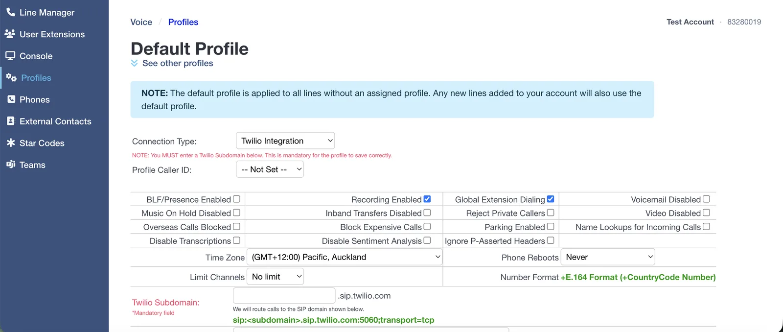 The Click2Call profile settings with Connection Type set to Twilio Integration, showing the mandatory Twilio Subdomain field and the resulting route sip:subdomain.sip.twilio.com:5060;transport=tcp.