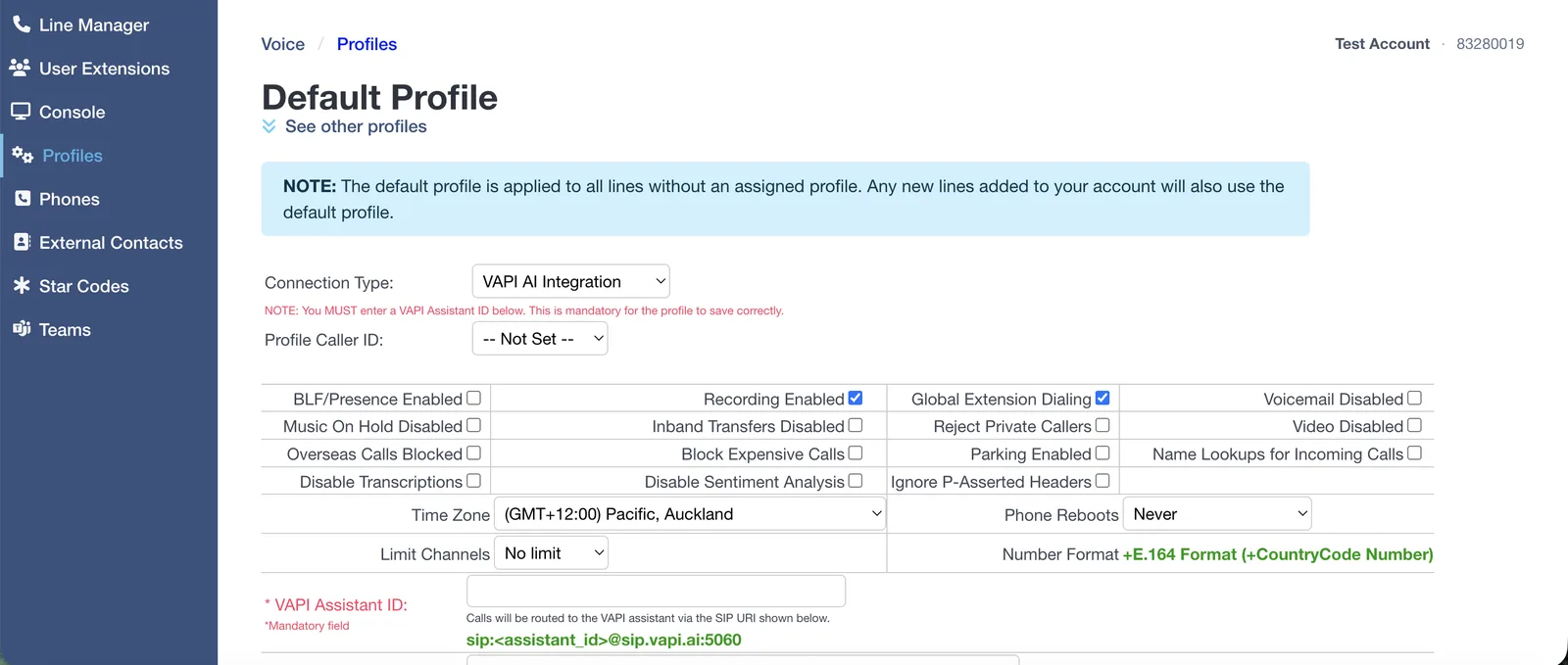 The Click2Call profile settings with Connection Type set to VAPI AI Integration, showing the mandatory VAPI Assistant ID field and the SIP URI Click2Call builds from it: sip:assistant_id@sip.vapi.ai:5060.