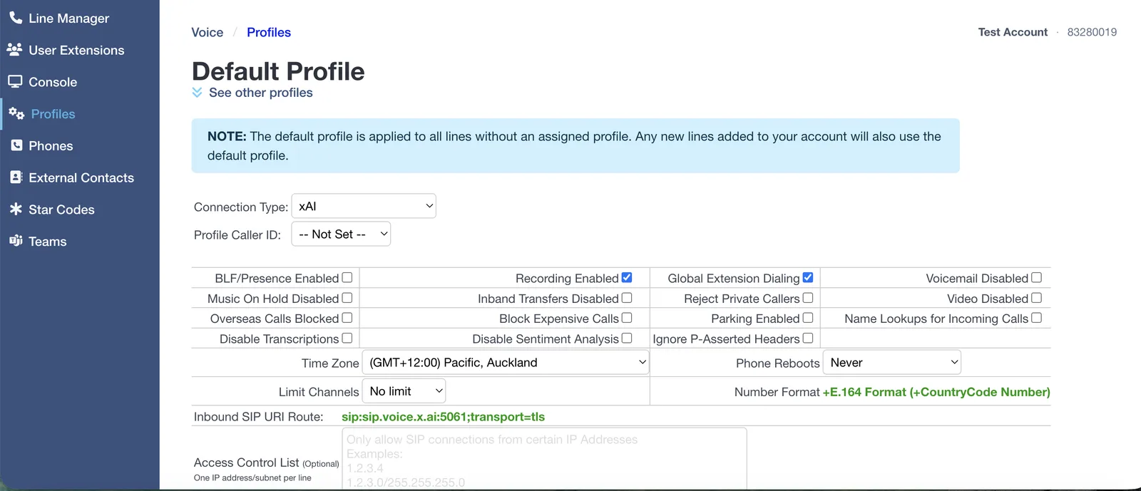 The Click2Call profile settings with Connection Type set to xAI, showing the pre-configured Inbound SIP URI Route sip:sip.voice.x.ai:5061;transport=tls.