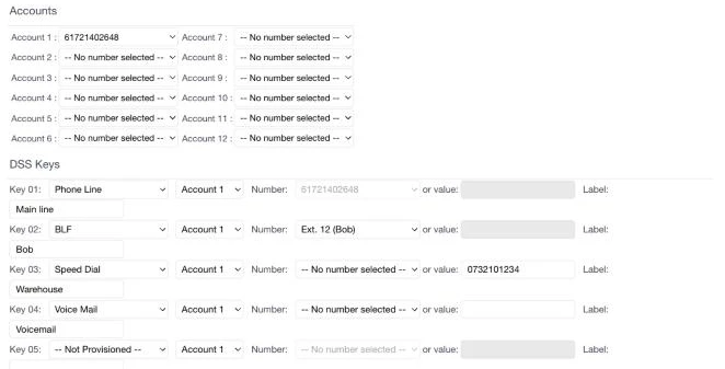 The Accounts and DSS Keys sections of the Add a new Phone form, with a Phone Line key, a BLF key for extension 12, a Speed Dial and a Voice Mail key