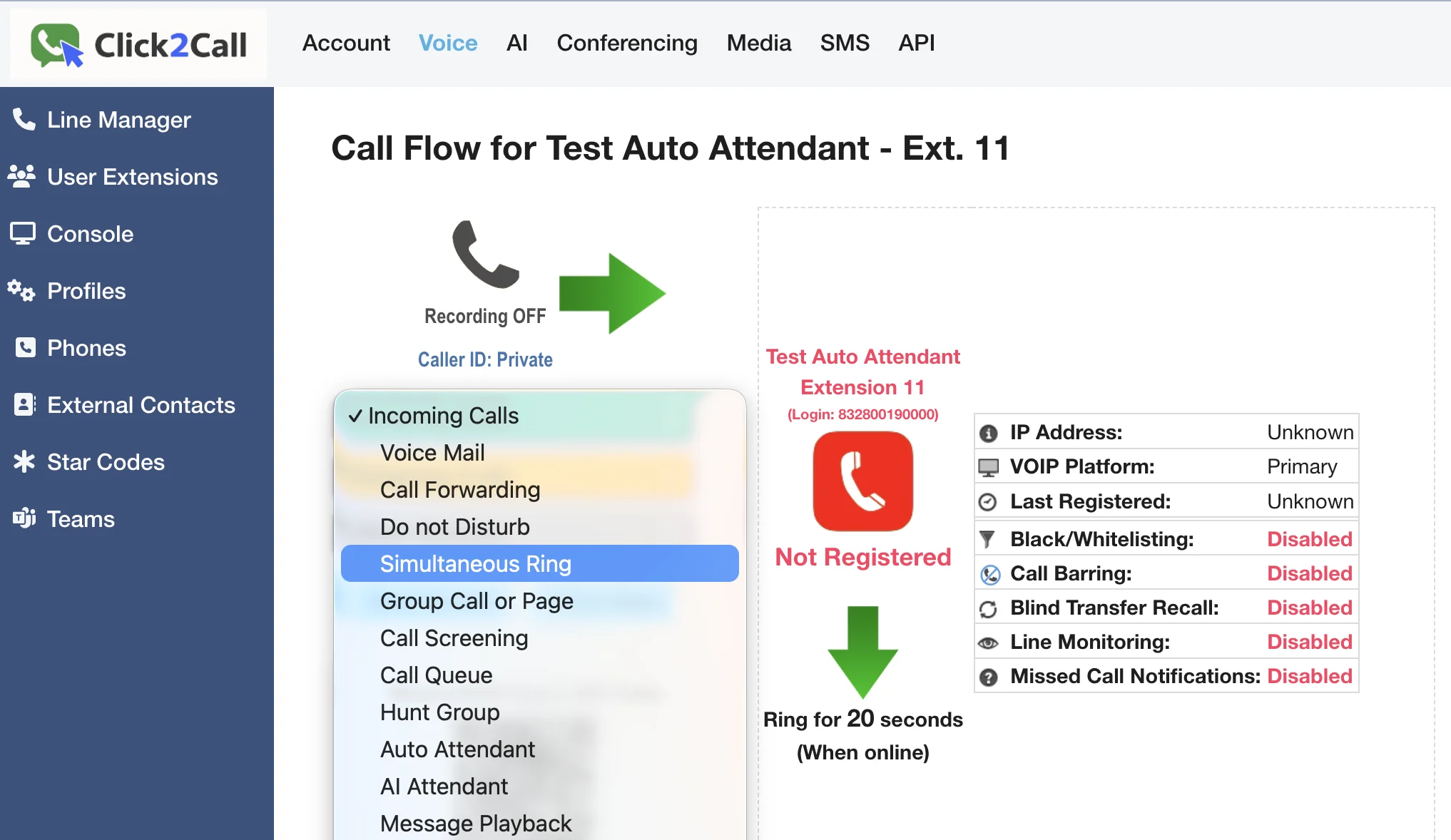 Selecting Simultaneous Ring from the Incoming Calls dropdown menu.