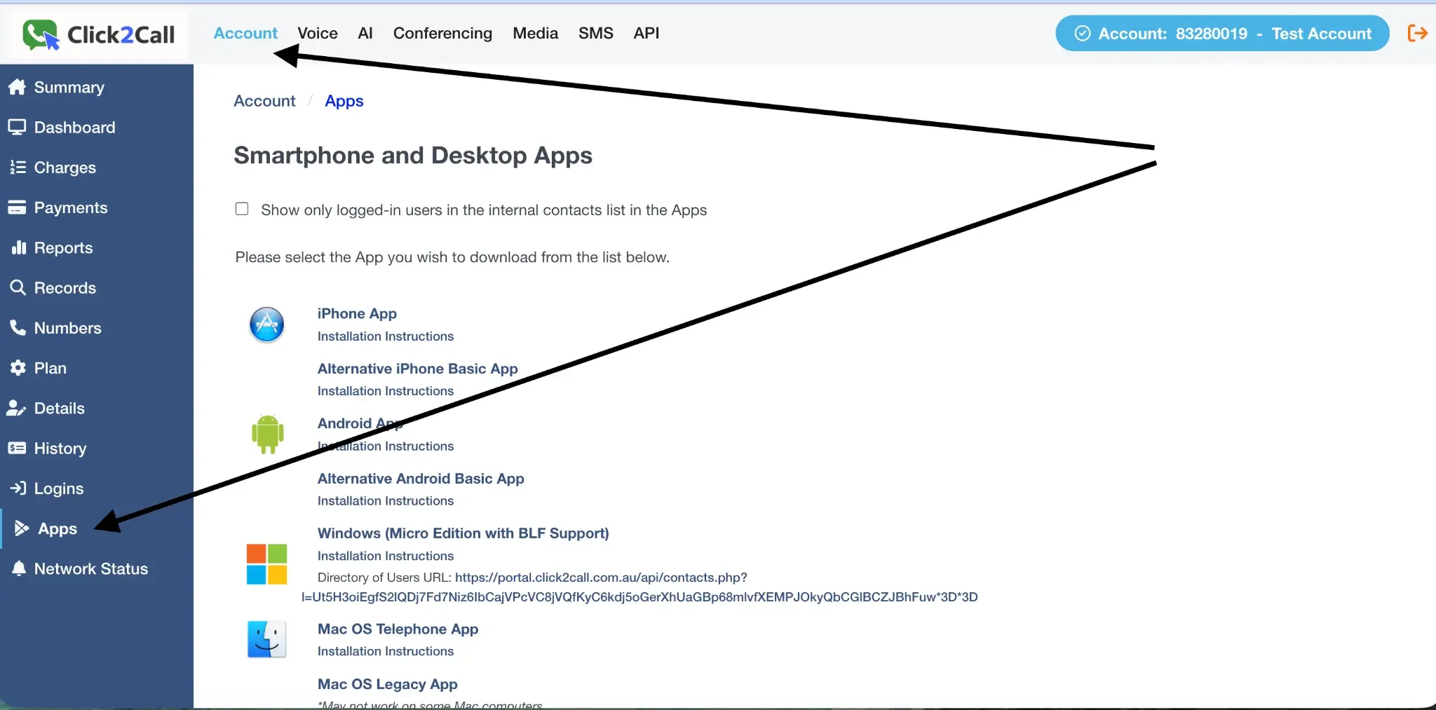 The Apps page in the Click2Call portal showing download links for iPhone, Android, Windows, and Mac.