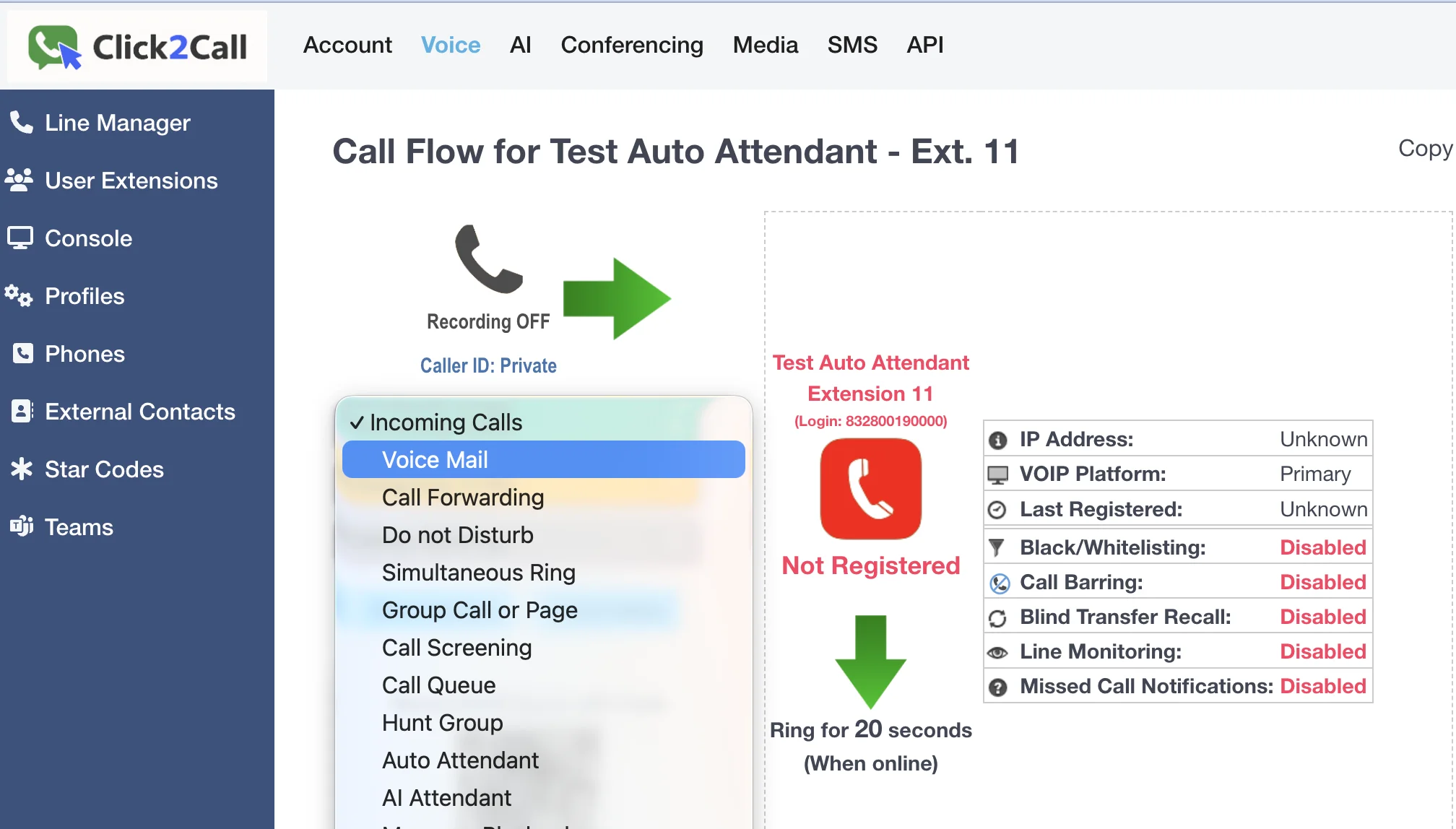 Selecting Voice Mail from the Incoming Calls dropdown menu.
