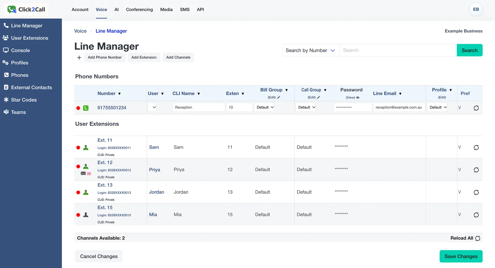 The Line Manager in the Click2Call portal, showing a business number and four staff extensions with call recording switched on