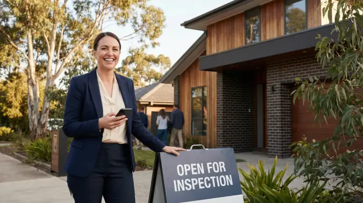 An agent at an open home holding her phone