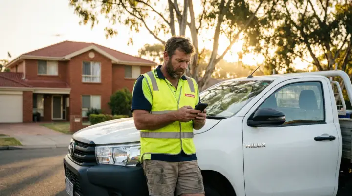 A tradie beside his ute checking his phone
