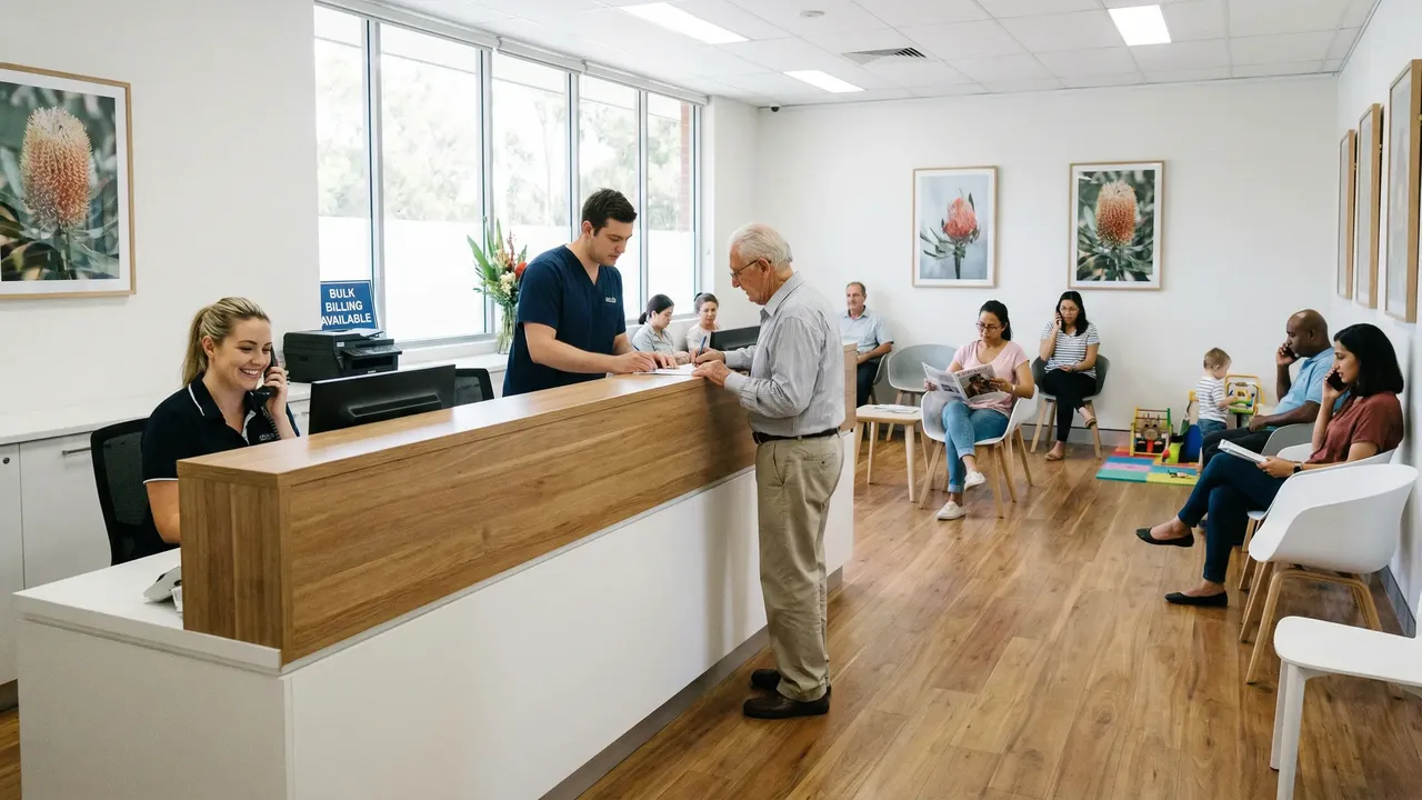 Busy Australian medical clinic reception with two receptionists managing calls and patients simultaneously