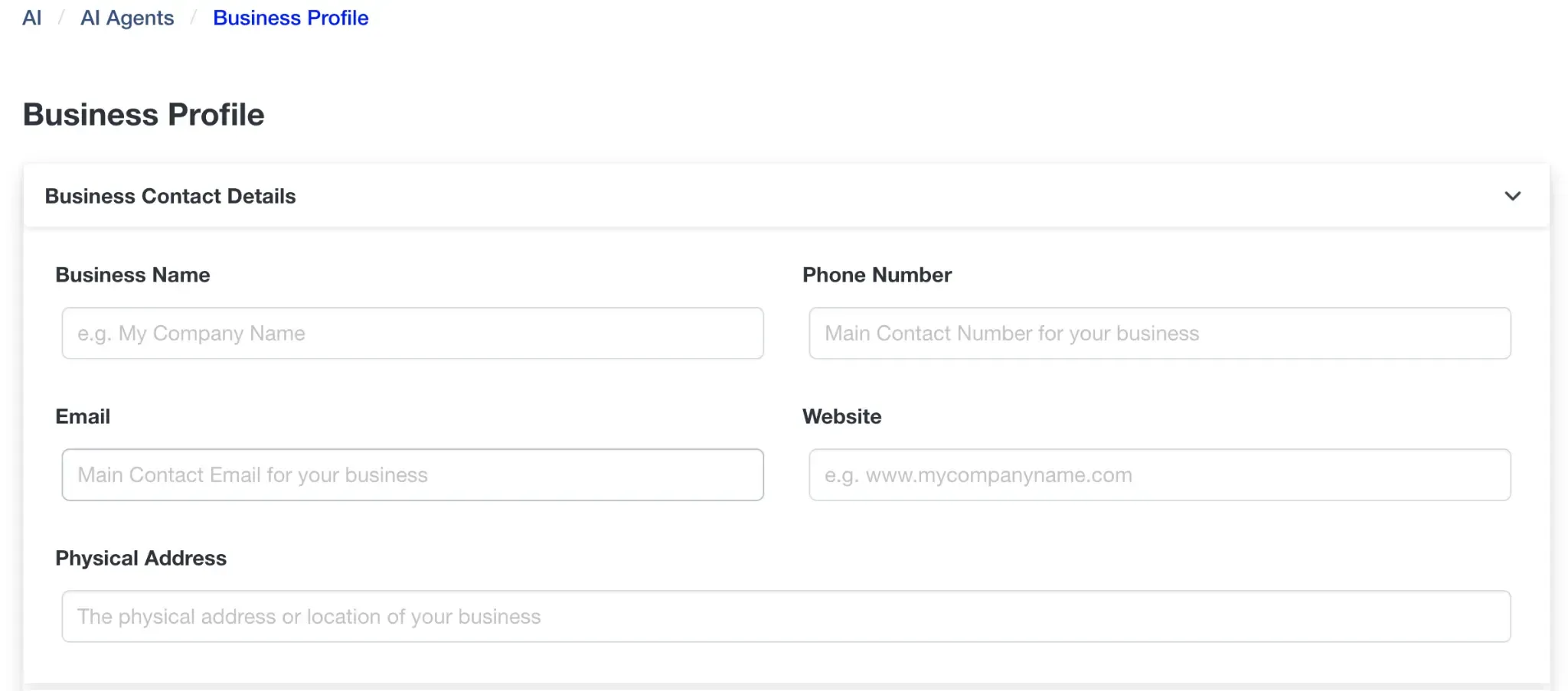 Business Profile form showing Business Contact Details fields including Business Name, Phone Number, Email, Website, and Physical Address