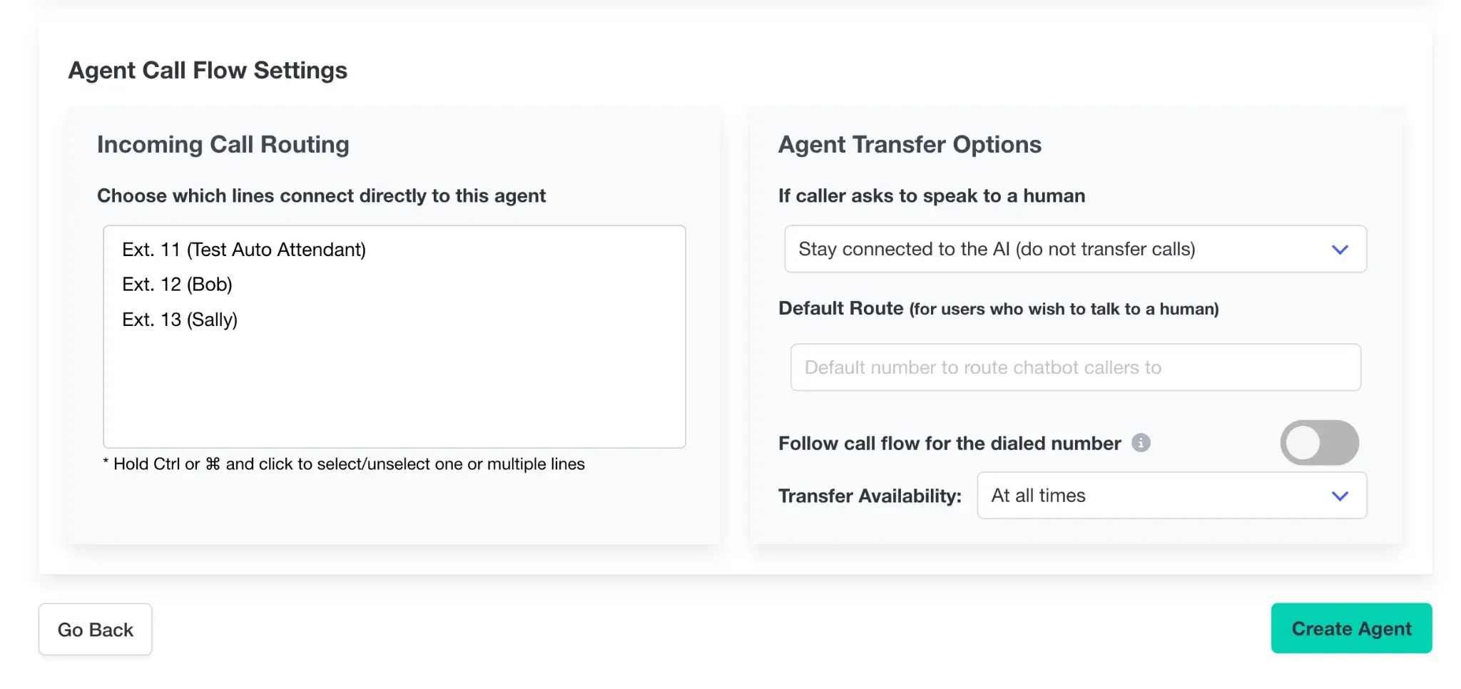 Agent Call Flow Settings showing Incoming Call Routing line selection and Agent Transfer Options