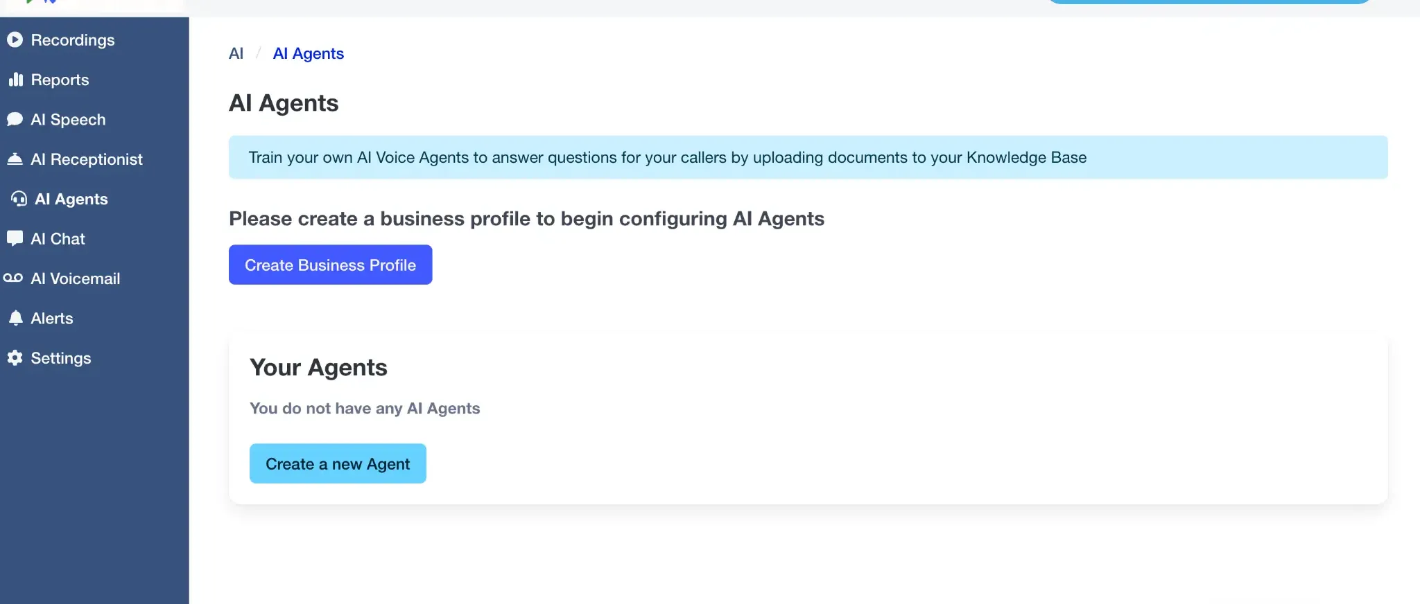 AI Agents section in the Click2Call portal showing the Create Business Profile and Create a new Agent buttons