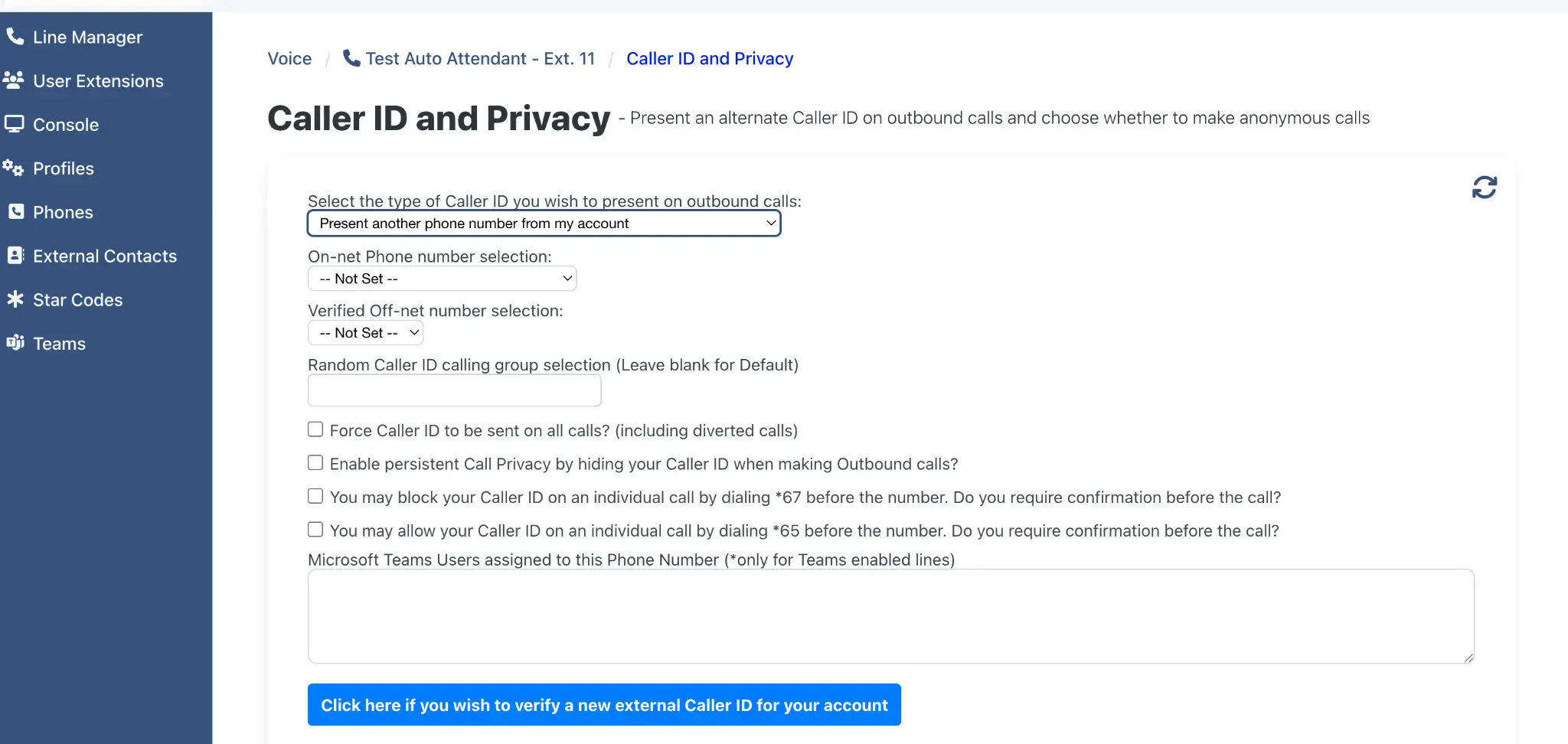 Caller ID and Privacy settings page showing all configuration options