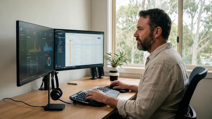A technician working at a desk with two monitors