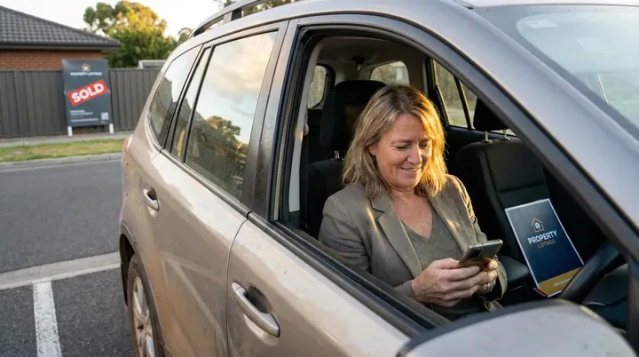 A real estate agent sitting in a car, using a mobile phone
