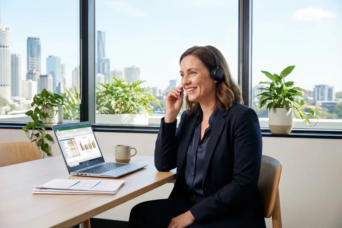 An office worker wearing a headset, smiling while on a call at a desk